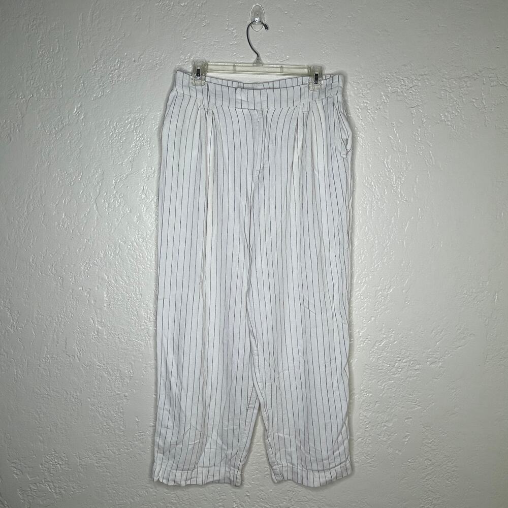 A New Day Pants 10 White Pinstripe Linen Blend Wide Leg Pleated Women's